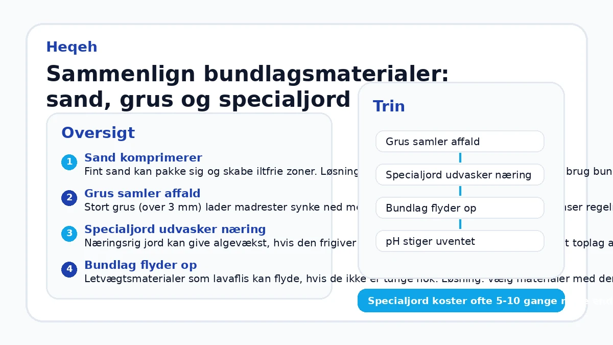 Sammenlign bundlagsmaterialer: sand, grus og specialjord